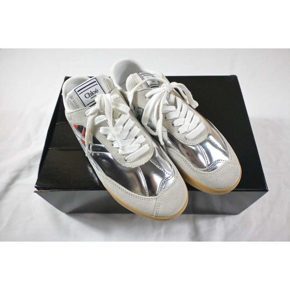 Chloe Kick Sneakers Metallic Silver Leather Suede Women's EU 36 US 6 New